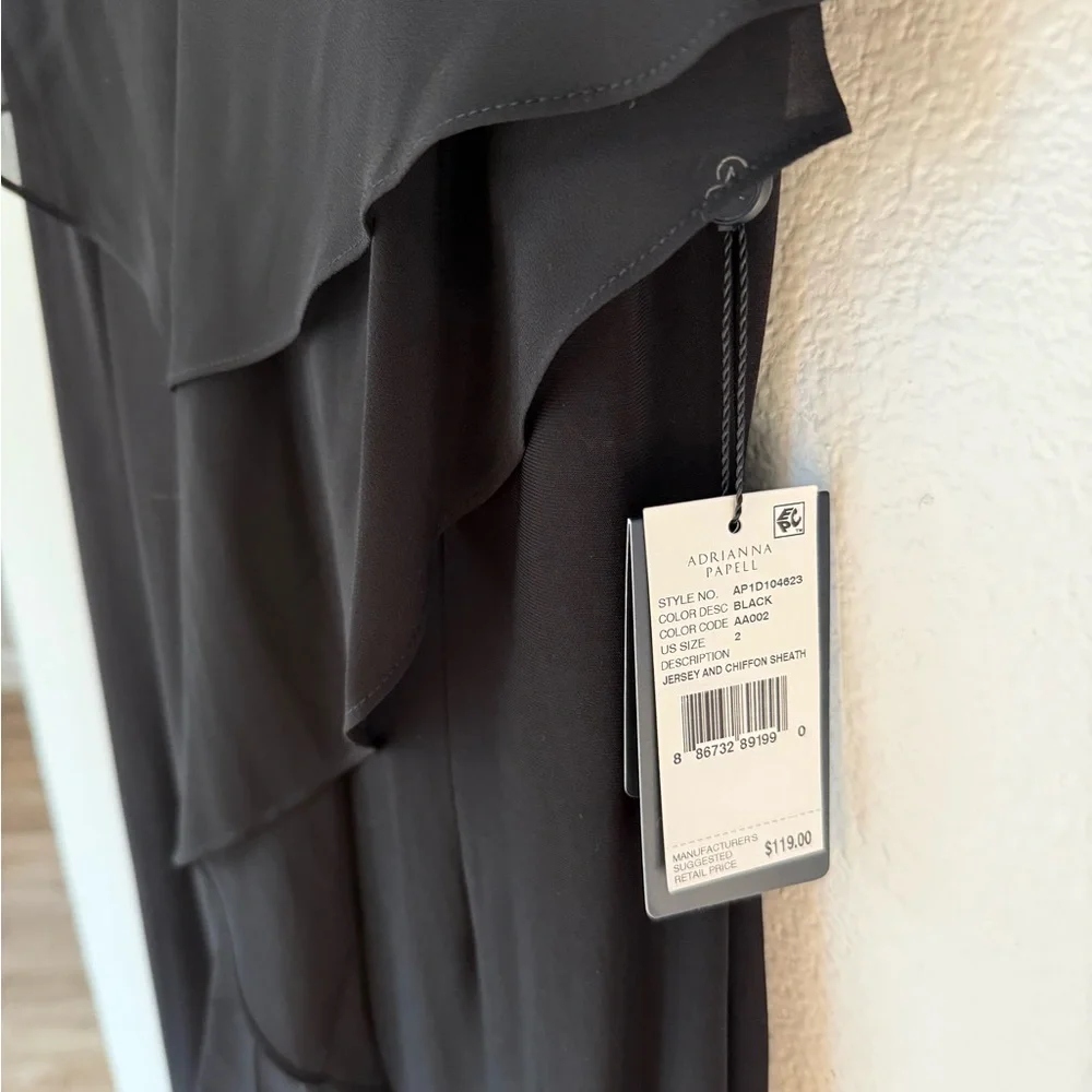 New Adrianna Papell Black Midi Dress with Ruffle Detail